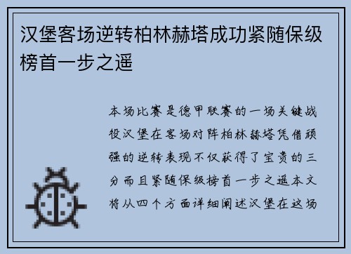 汉堡客场逆转柏林赫塔成功紧随保级榜首一步之遥