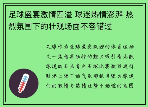 足球盛宴激情四溢 球迷热情澎湃 热烈氛围下的壮观场面不容错过