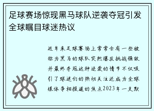 足球赛场惊现黑马球队逆袭夺冠引发全球瞩目球迷热议