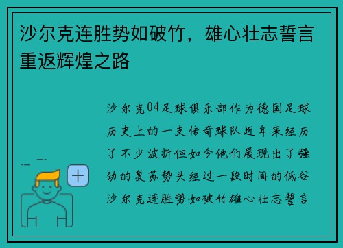 沙尔克连胜势如破竹，雄心壮志誓言重返辉煌之路